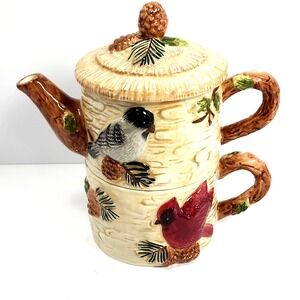 Sonoma Knollwood Birds and Pine Cones Tea for One Set Birch Bark Theme 12 Oz